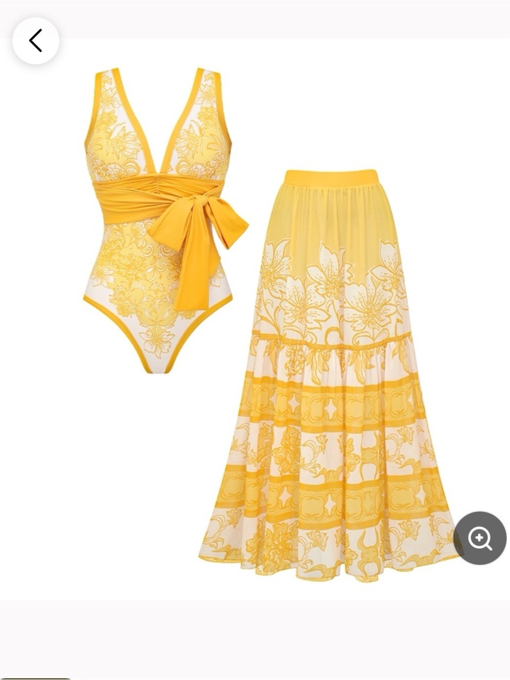 Yellow Floral Lace One-Piece bathing suit and Skirt Set